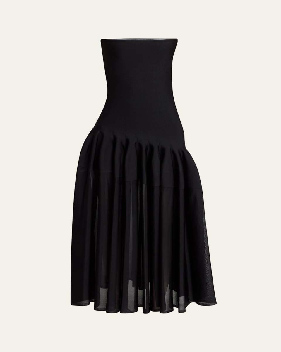 Long Strapless Pleated Fit-Flare Dress